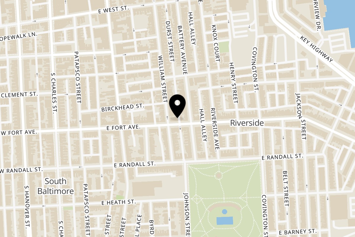 Map showing the location of Mikie's Pizza & Subs on 210 E Fort Ave in Baltimore